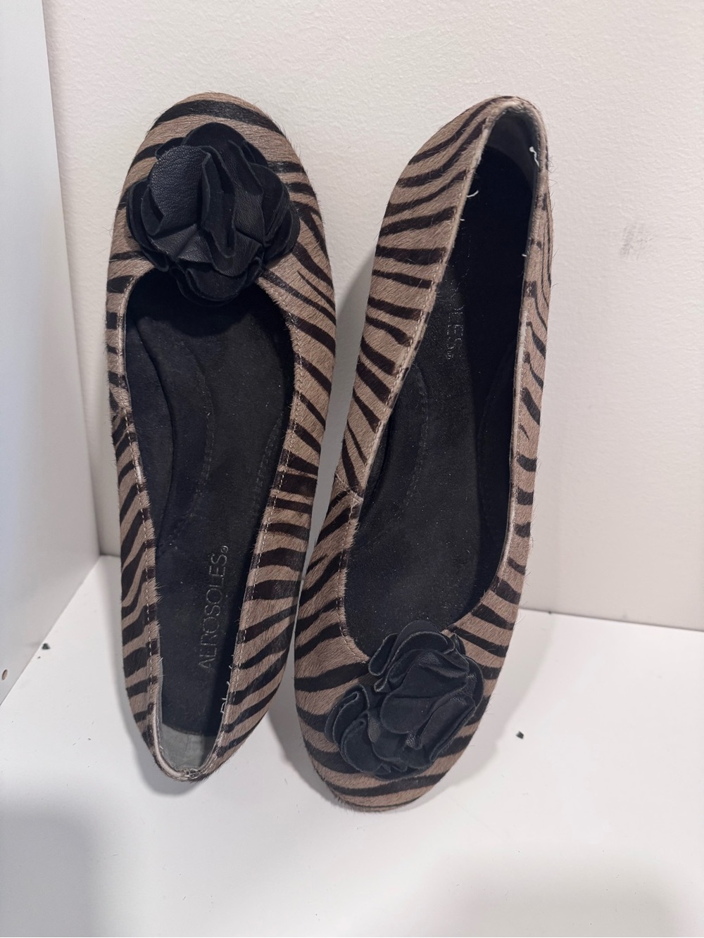 AEROSOLES Zebra-Print Ballet Flats with Black Floral Appliqué - Brown/Black